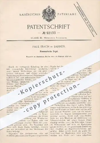 original Patent - Paul Ibach , Barmen , 1896 , Pneumatische Orgel , Kirchenorgel , Organist , Musikinstrumente , Musik