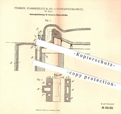 original Patent - Tümmler , Stammschulte & Co. , Schwientochlowitz  1896 , Kohlenstaubfeuerung für Siemens - Öfen , Ofen