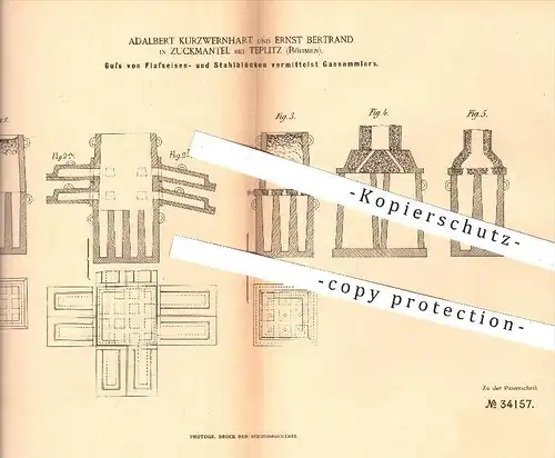 original Patent - A. Kurzwernhart , E. Bertrand / Zuckmantel / Teplitz , Böhmen , 1885 , Guss von Eisen u. Stahl !!!