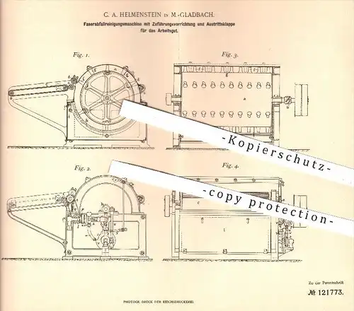 original Patent - C. A. Helmenstein in Mönchengladbach , 1901 , Faserabfall - Reinigungsmaschine , Wolle , Wollfabrik !