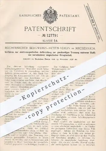 original Patent - Bergwerks Aktien Verein , Mechernich , 1898 , elektromagnetische Aufbereitung zur Trennung von Stoffen