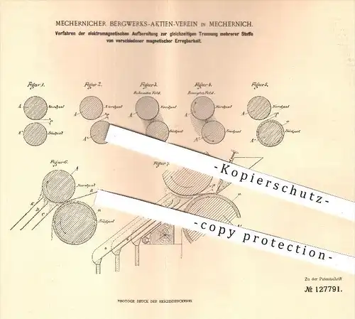 original Patent - Bergwerks Aktien Verein , Mechernich , 1898 , elektromagnetische Aufbereitung zur Trennung von Stoffen