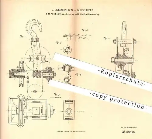 original Patent - J. Losenhausen , Düsseldorf , 1888 , Schrauben - Flaschenzug mit Selbsthemmung , Hebezeuge , Winden !!