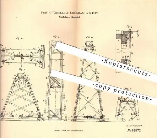 original Patent - H. Többicke & Christiani , Berlin , 1889 , Verstellbares Baugerüst , Gerüst , Gerüstbau , Gerüstbauer