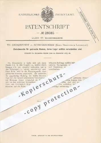original Patent - Th. Grosswendt , Schwarzenbek , Herzogtum Lauenburg , 1885 , Zwischenrolle für gekreuzte Riemen !!!
