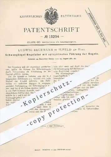 original Patent - L. Beurmann , Ilfeld / Harz 1881 , Schwungkugel Regulator mit epizyklischer Führung der Kugeln , Motor