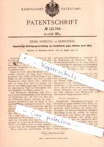 Original Patent  - Herm. Nebeling in Remscheid 1900 , Befestigungsvorrichtung von Dachpfannen !!!