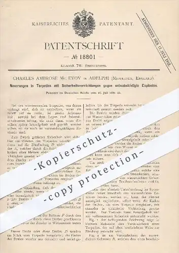 original Patent - Ch. Ambrose Mc. Evoy , Adelphi , Middlesex , England , 1881 , Torpedo , Torpedos , Sprengstoff !!!