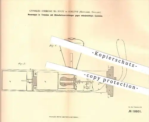 original Patent - Ch. Ambrose Mc. Evoy , Adelphi , Middlesex , England , 1881 , Torpedo , Torpedos , Sprengstoff !!!