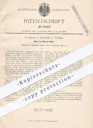 original Patent - U. Urban , Mocker / Thorn , 1881 , Malzmühle u. Maischmühle , Mühle , Mühlen , Malz , Maische , Bier !