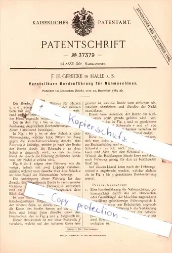 Original Patent  - F. H. Gerecke in Halle a. S. , 1885 , Nähmaschinen !!!