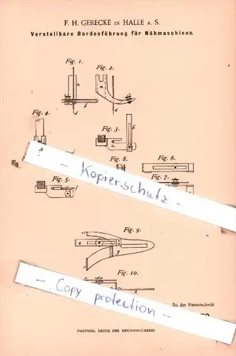 Original Patent  - F. H. Gerecke in Halle a. S. , 1885 , Nähmaschinen !!!