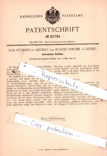 Original Patent  - Rud. Stübling in Liegnitz und Rudolf Strubel in Leipzig , 1894 , !!!