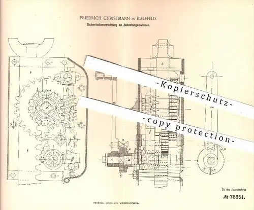 original Patent - Fr. Christmann , Bielefeld , 1894 , Sicherheitsvorrichtung an Zahnstangenwinden , Winde , Hebezeuge