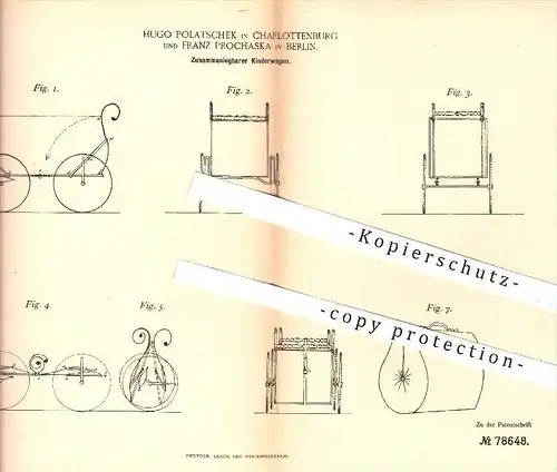 original Patent - Hugo Polatschek / Fr. Prochaska , Berlin Charlottenburg , 1894 , Zusammenlegbarer Kinderwagen , Wagen