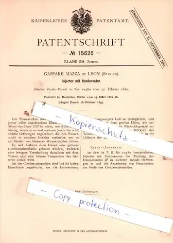 Original Patent  - Gaspare Mazza in Leon , Spanien , 1881 , Injector mit Condensator !!!