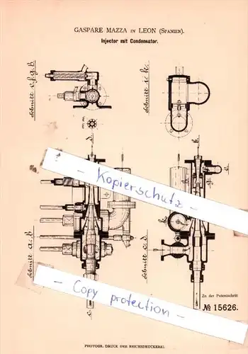 Original Patent  - Gaspare Mazza in Leon , Spanien , 1881 , Injector mit Condensator !!!