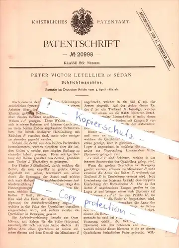 Original Patent  -  Peter Victor Letellier in Sèdan , 1882 , Schlichtmaschine !!!