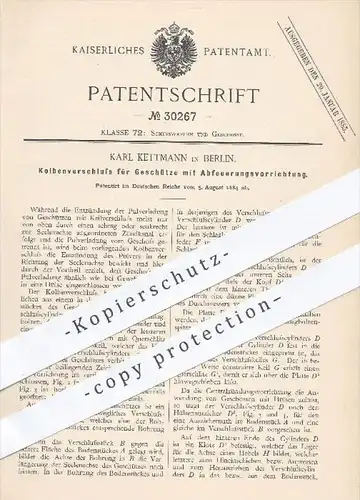 original Patent - Karl Kettmann , Berlin , 1884 , Kolbenverschluss für Geschütze mit Abfeuerung , Waffen , Gewehre !!!