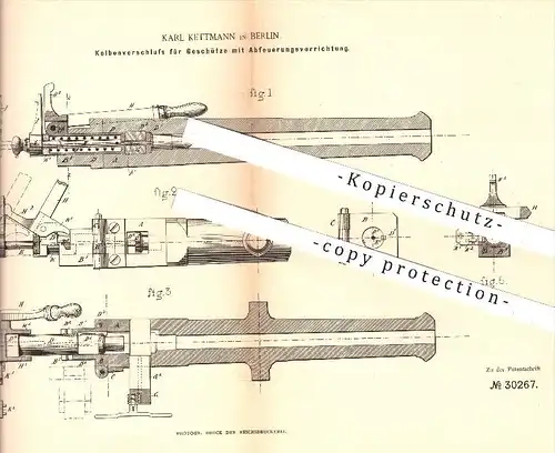 original Patent - Karl Kettmann , Berlin , 1884 , Kolbenverschluss für Geschütze mit Abfeuerung , Waffen , Gewehre !!!