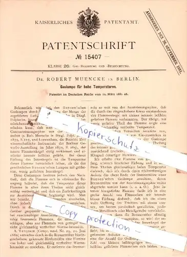 Original Patent  - Dr. Robert Muencke in Berlin , 1881 ,  Gaslampe für hohe Temperaturen !!!