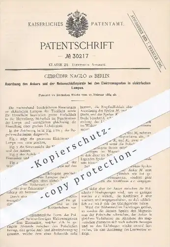 original Patent - Gebrüder Naglo in Berlin , 1884 , Elektromagnete in elektrischen Lampen , Licht , Magnet , Elektrik !