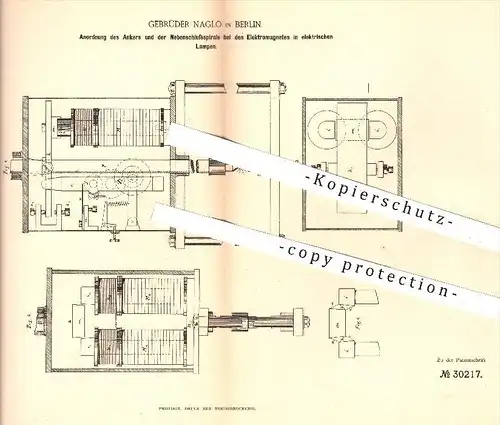 original Patent - Gebrüder Naglo in Berlin , 1884 , Elektromagnete in elektrischen Lampen , Licht , Magnet , Elektrik !