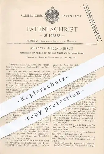 original Patent - J. Härdén , Berlin , 1897 , Angabe der Zeit u. Anzahl von Ferngesprächen , Fernsprecher , Telefon !!!