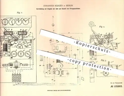 original Patent - J. Härdén , Berlin , 1897 , Angabe der Zeit u. Anzahl von Ferngesprächen , Fernsprecher , Telefon !!!