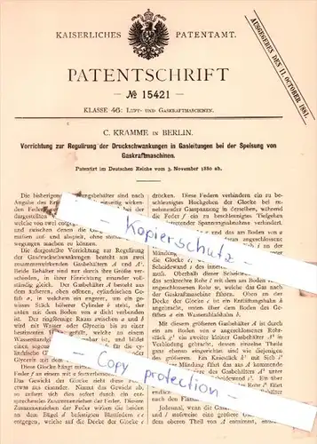 Original Patent  - C. Kramme in Berlin , 1880 , Luft- und Gaskraftmaschinen !!!