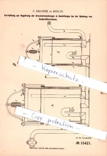 Original Patent  - C. Kramme in Berlin , 1880 , Luft- und Gaskraftmaschinen !!!