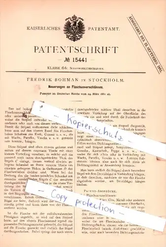 Original Patent  - Frederik Bohman in Stockholm , 1881 , Neuerungen an Flaschenverschlüssen !!!