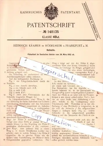 Original Patent  - Heinrich Kramer in Rödelheim b. Frankfurt a. M. , 1902 , Reibahle !!!