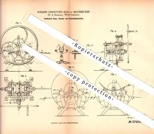 Original Patent - Johann Boll in Moosbeuren / Ehingen , 1885 , Schweißmaschine , Maschinenbau , Metallbau , Oberstadion