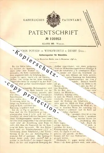 Original Patent - John Poyser in Wirksworth b. Derby , 1896 , Regulator for looms , weaving !!!