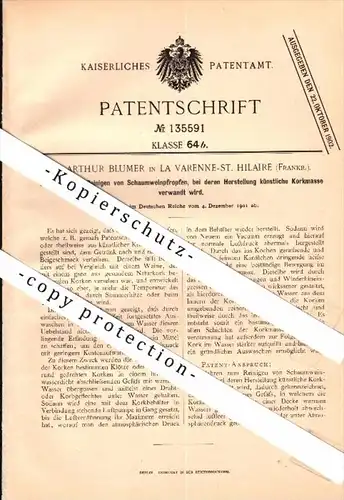 Original Patentschrift - Dr. A. Blumer in La Varenne St. Hilaire , Seine ,1901 , Korken für Wein , Saint Maur des Fossés