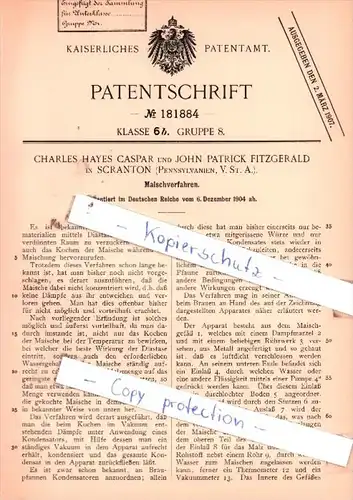 Original Patent  - C. H. Caspar und J. P. Fitzgerald in Scranton , 1904 , Maischverfahren !!!