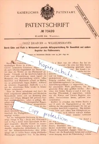 Original Patent  - Fritz Draeger in Wilhelmshaven , 1893 , Wasserbau !!!