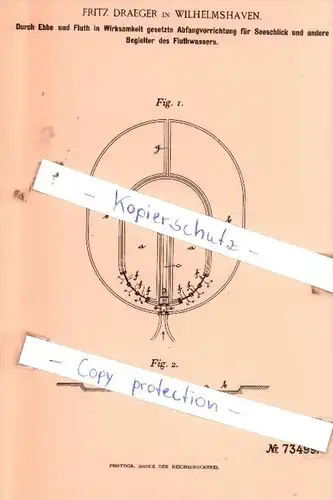 Original Patent  - Fritz Draeger in Wilhelmshaven , 1893 , Wasserbau !!!