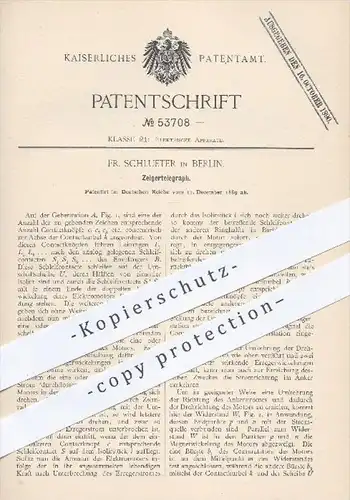 original Patent - F. Schlueter , Berlin 1889 , Zeigertelegraph , Telegraph , Telegraf , Elektromotor , Motor , Elektrik