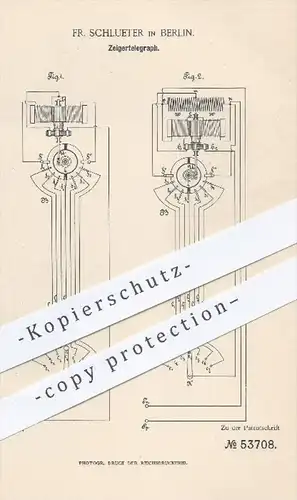 original Patent - F. Schlueter , Berlin 1889 , Zeigertelegraph , Telegraph , Telegraf , Elektromotor , Motor , Elektrik