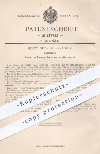 original Patent - Bruno Gutsche in Gleiwitz , 1902 , Fadenzähler für Gewebe , Stoffe / Faden , Fäden , Zählwerk !!!