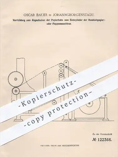original Patent - O. Bauer , Johanngeorgenstadt , 1900 , Abgautschen der Papierbahn an Papier- u. Pappen - Maschinen !!