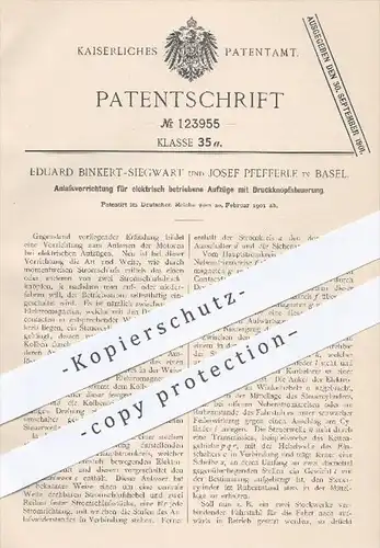 original Patent - E. Binkert - Siegwart u. J. Pfefferle , Basel , 1901 , Anlasser für elektrisch betriebene Aufzüge !!!