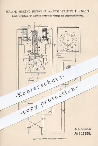 original Patent - E. Binkert - Siegwart u. J. Pfefferle , Basel , 1901 , Anlasser für elektrisch betriebene Aufzüge !!!