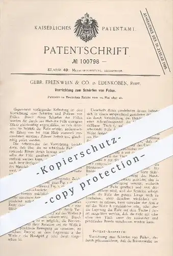 original Patent - Gebr. Erlenwein & Co. , Edenkoben , 1897 , Schärfen & Polieren von Feilen , Feile , Werkzeug , Metall