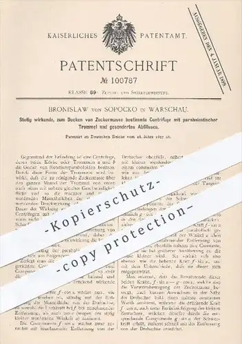 original Patent - Bronislaw von Sopocko in Warschau , 1897 , Zentrifuge mit paraboloidischer Trommel für Zucker - Masse