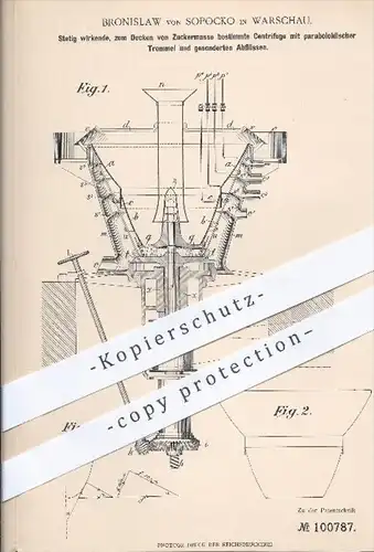 original Patent - Bronislaw von Sopocko in Warschau , 1897 , Zentrifuge mit paraboloidischer Trommel für Zucker - Masse