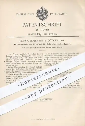 original Patent - L. Bossmann , Köthen , 1906 , Formmaschine für Käse , Käserei , Quark , Lebensmittel , Käseherstellung