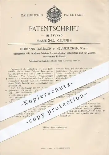 original Patent - H. Halbach , Neunkirchen , 1906 , Reibscheibe mit Reibband , Reibung , Reiben , Maschinen !!!